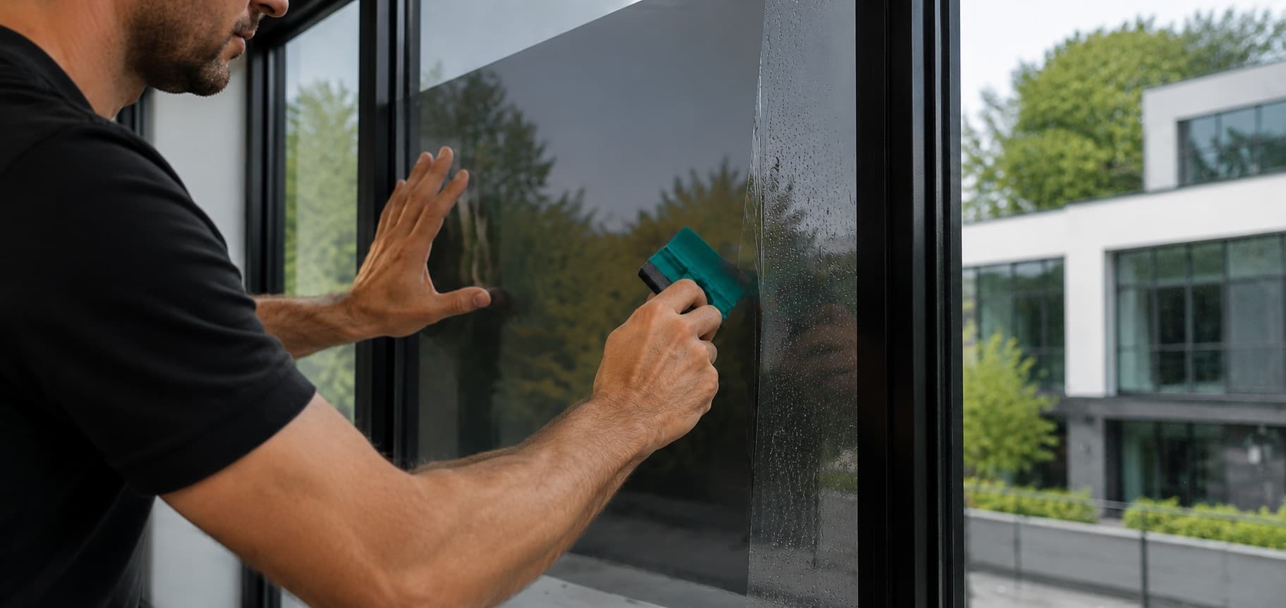 Installer applying window film to a commercial pane